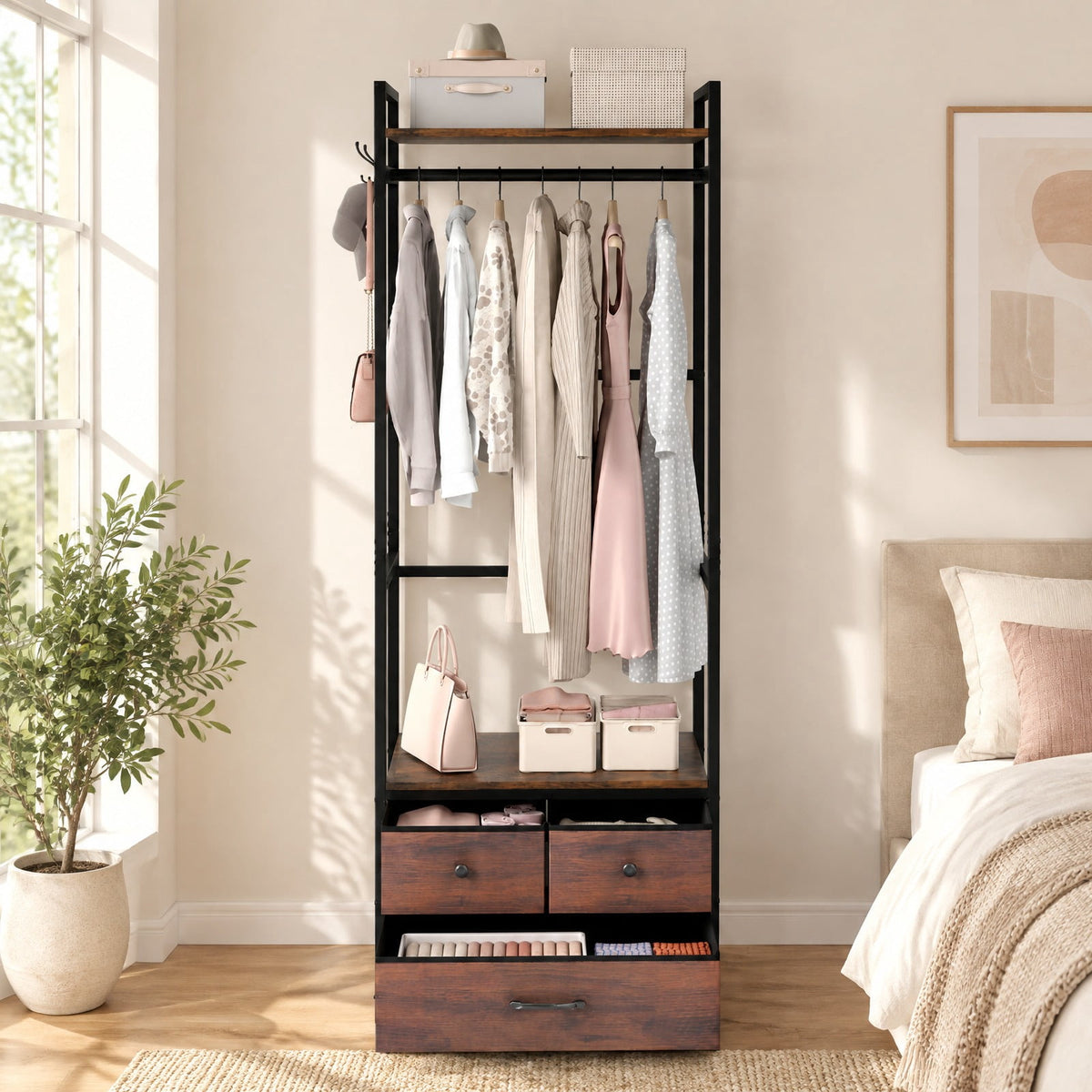 Airfind Clothes Rack with Drawers and Shelves with Side Hooks and Metal Frame, 22 lbs Capacity, Metal Engineered Wood Fabric Frame, Brown