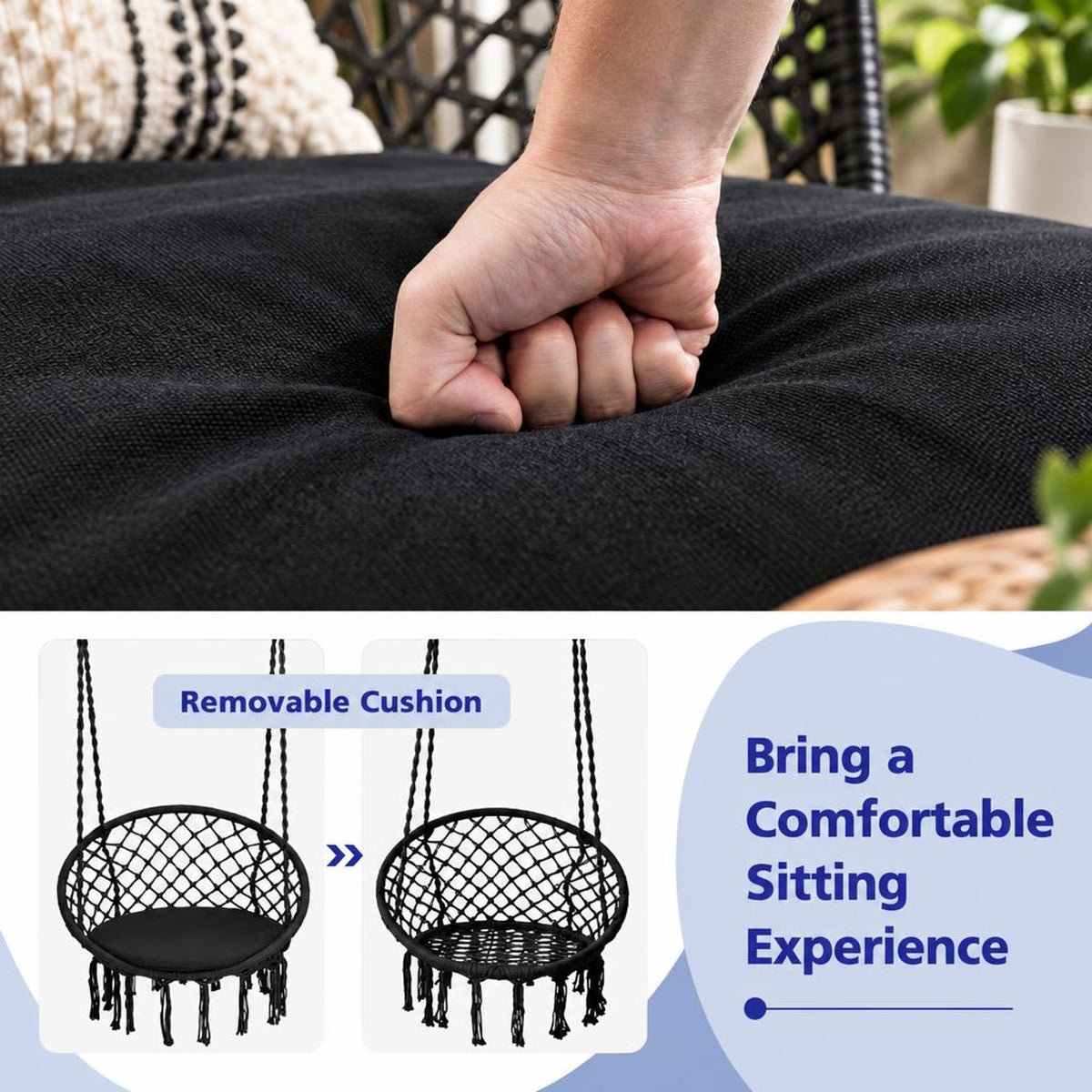 Airfind Cushioned Hammock Swing Chair with Hanging Kit, 330 lbs Capacity, Steel PP cotton polyester Frame, 31.5 Inch x 47 Inch Footprint, Black