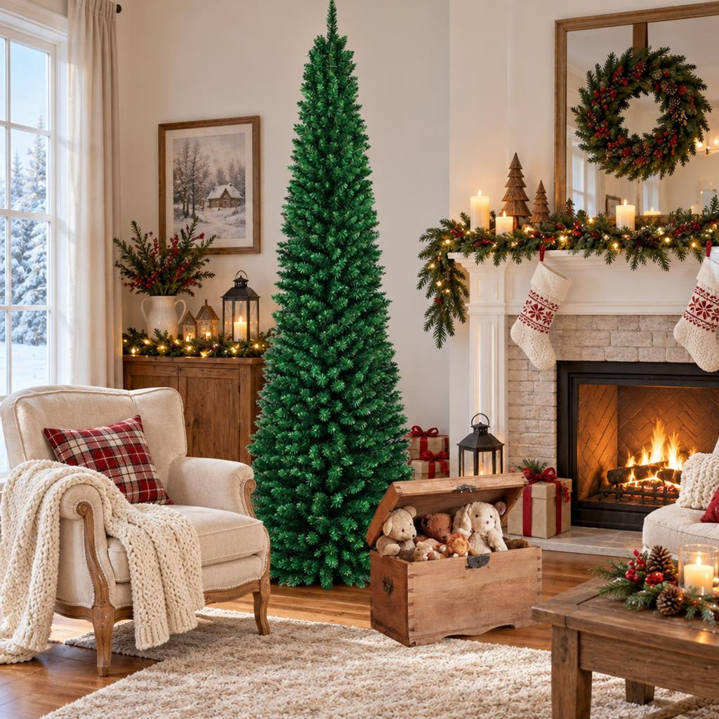 Airfind PVC Artificial Slim Pencil Christmas Tree-9 Feet, PVC iron 5 Ft: Frame, 2ft x 5ft Footprint, Green