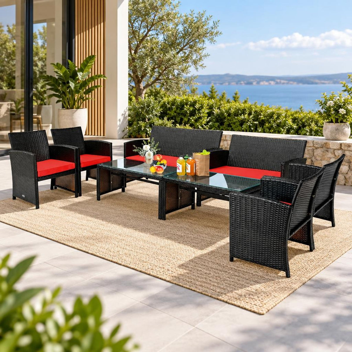 Airfind 4 Pieces Patio Rattan Cushioned Furniture Set, Rattan Frame, 43.5 x 25 x 31 Footprint, Red
