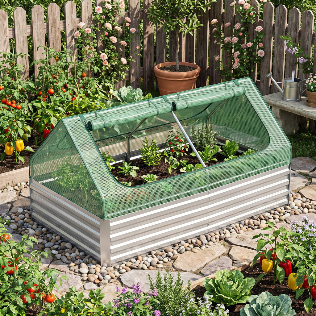Airfind 6 x 3 x 3 Feet Galvanized Raised Garden Bed with Greenhouse, Galvanized Steel Metal PVC Frame, Green