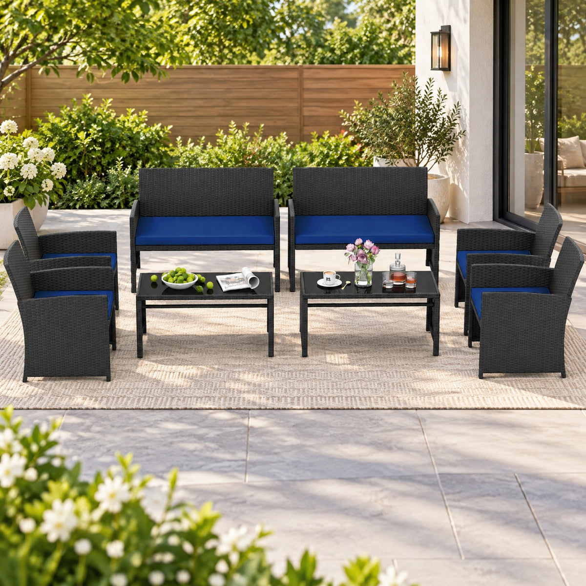 Airfind 4 Pieces Patio Furniture Set with Tempered Glass Tabletop and Removable Cushion, 400 lbs Capacity, Rattan Steel Sponge Frame, Navy