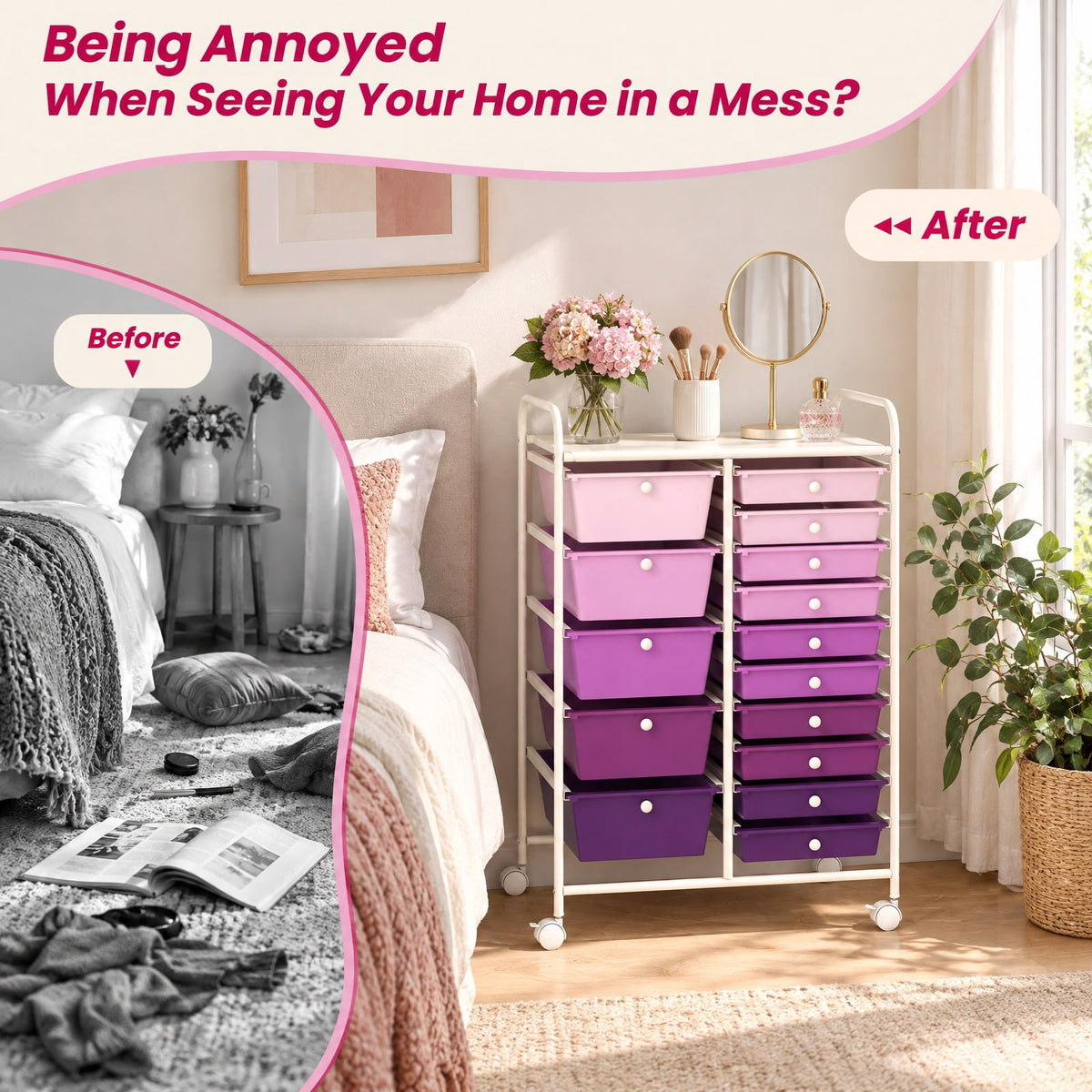 Airfind 15-Drawer Utility Rolling Organizer Cart Multi-Use Storage, Steel frame and plastic boxes Frame, 25 x 14.5 x 34.5 Footprint, Purple