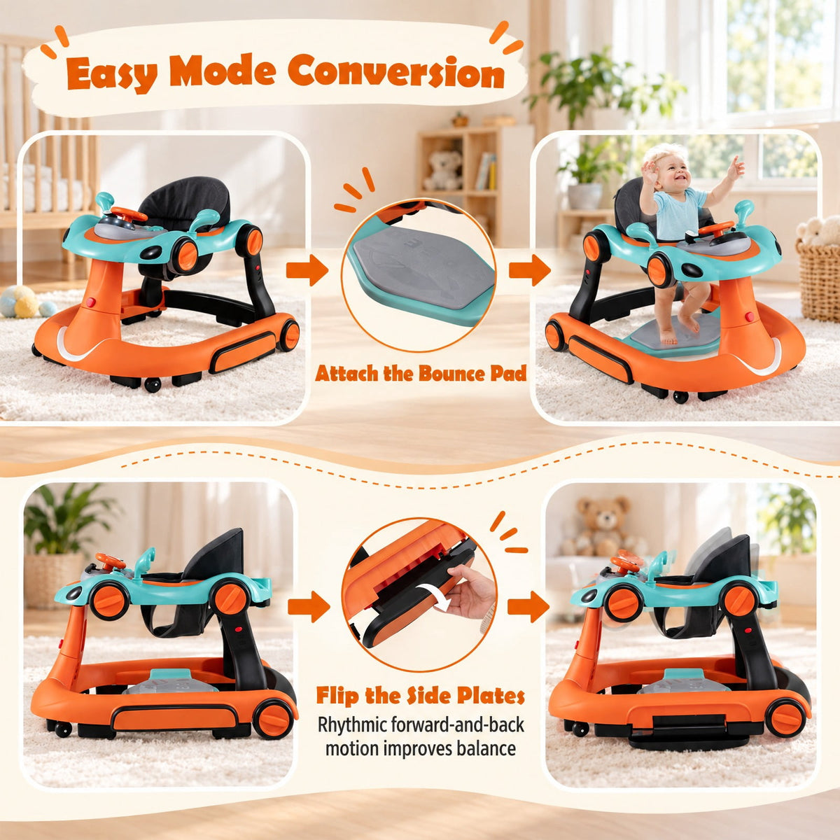 Airfind 6-in-1 Baby Walker with Canopy Portable Activity Center Bouncer Rocker Combo with Music, 27 lbs Capacity, PP ABS Fabric Sponge Frame, Green