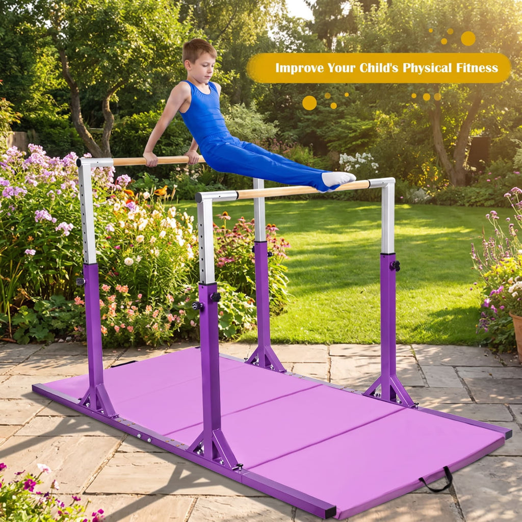 Airfind Kids Double Horizontal Gymnastics Parallel Bars with 11 Level Adjustable Height and Bamboo Grip for Home Training and Practice, Purple