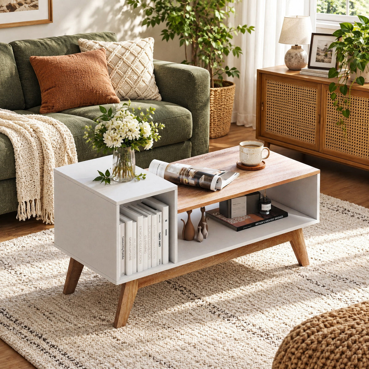 Airfind 43 Inch Coffee Table with Stepped Tabletop and Storage Compartments, 100 lbs Capacity, Engineered Wood MDF Frame, White
