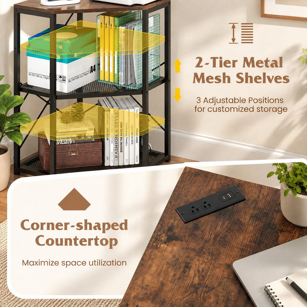Airfind Corner Printer Stand with Power Outlet 3-Tier Storage Rack with Adjustable Shelf, 70 lbs Capacity, Engineered Wood Metal Frame, Brown