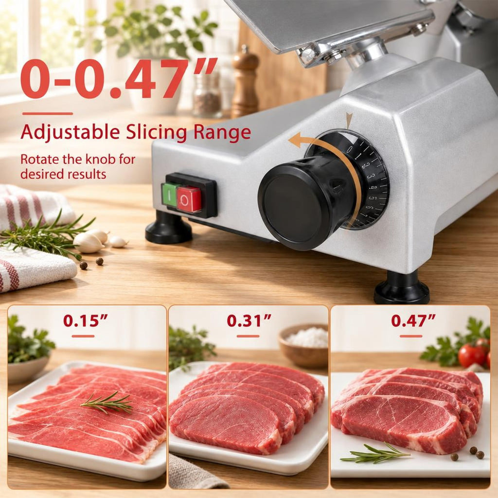 Airfind Commercial Meat Slicer with 10in Carbon Steel Blade and 0-0.47in Adjustable Thickness for Frozen Meat Cheese, 19.5in x 16in x 14inBlade Footprint
