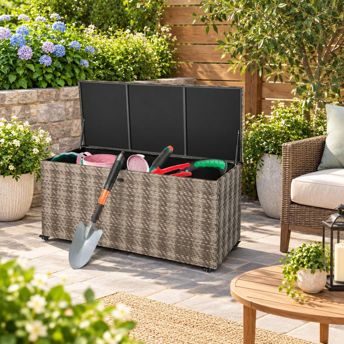 Airfind 96 Gallon PE Wicker Outdoor Storage Box with 4 Wheels, PE Rattan PP Board Metal Polyester Frame, 52 x 22 x 25 Footprint, Gray