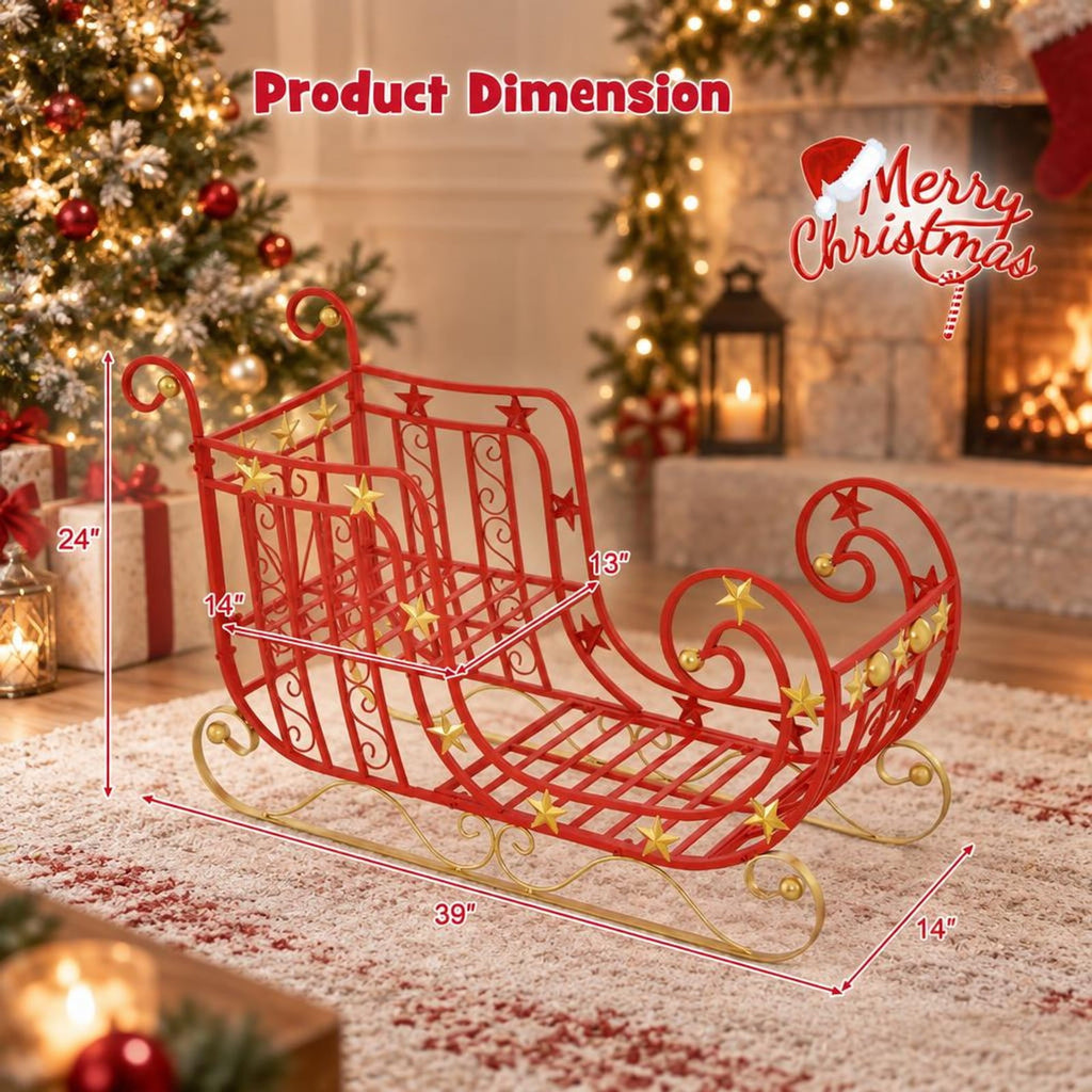 Airfind Metal Christmas Santa Sleigh with Large Cargo Area for Gifts, Metal Frame, 39 Inch x 14 Inch x 24 Inch Footprint, Red + Golden