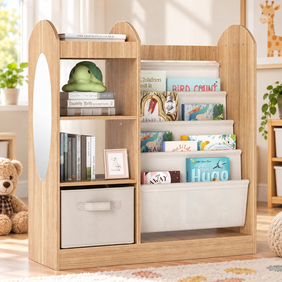 Airfind Toy Storage Organizer with 4-Tier Sling Shelves, 22 lbs Capacity, MDF Pine Wood Fabric Frame for Everyday Use, Natural