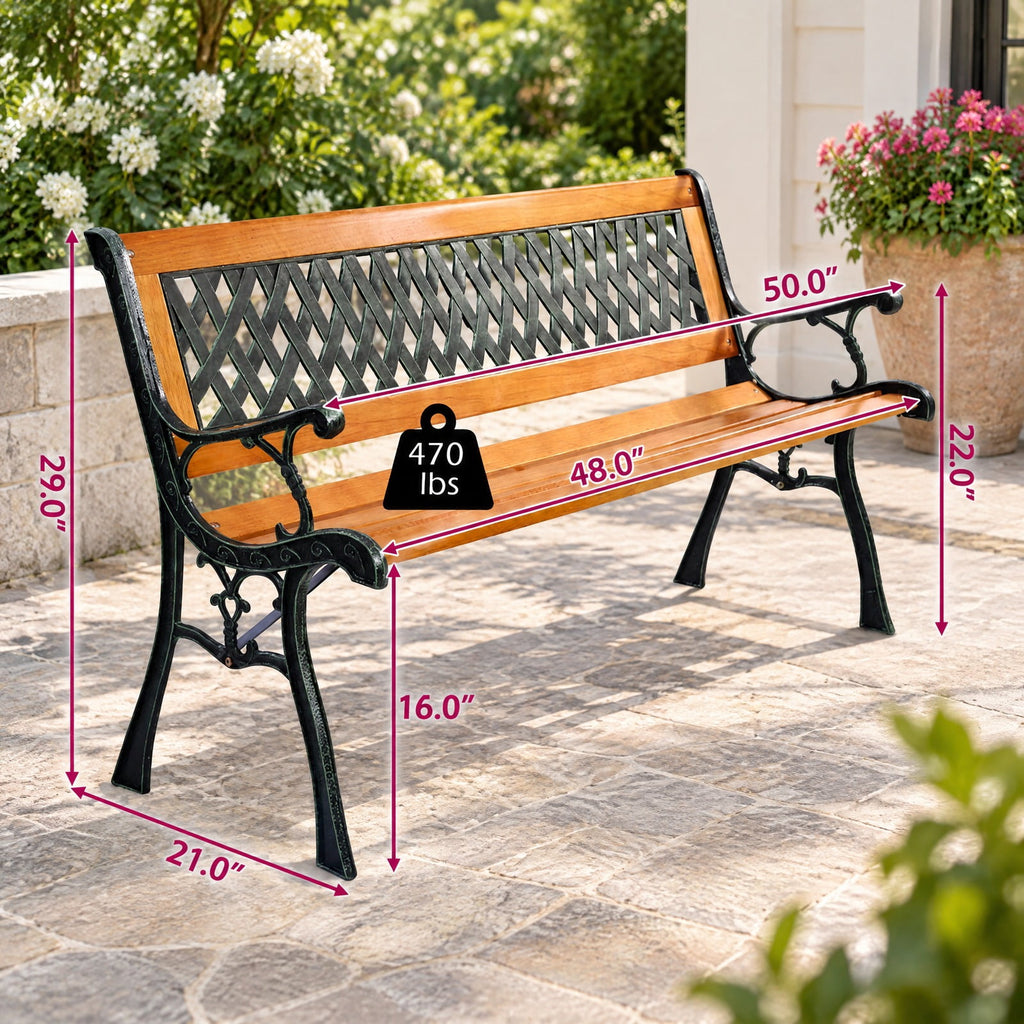 Airfind Outdoor Cast Iron Patio Bench, 463 lbs Capacity, Cast iron Frame, 49.5 x 20.5 x 29 Product weight: 30 lbs Footprint, Black + natural
