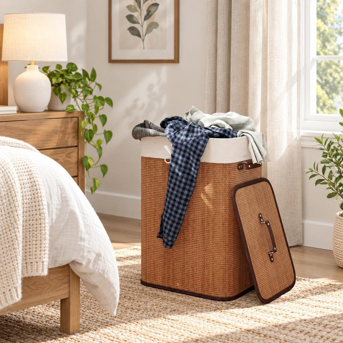 Airfind 19 Gal Rectangle Laundry Basket Bamboo Clothes Hamper with Handles and Lid, Bamboo and polyester cotton Frame, Yellow