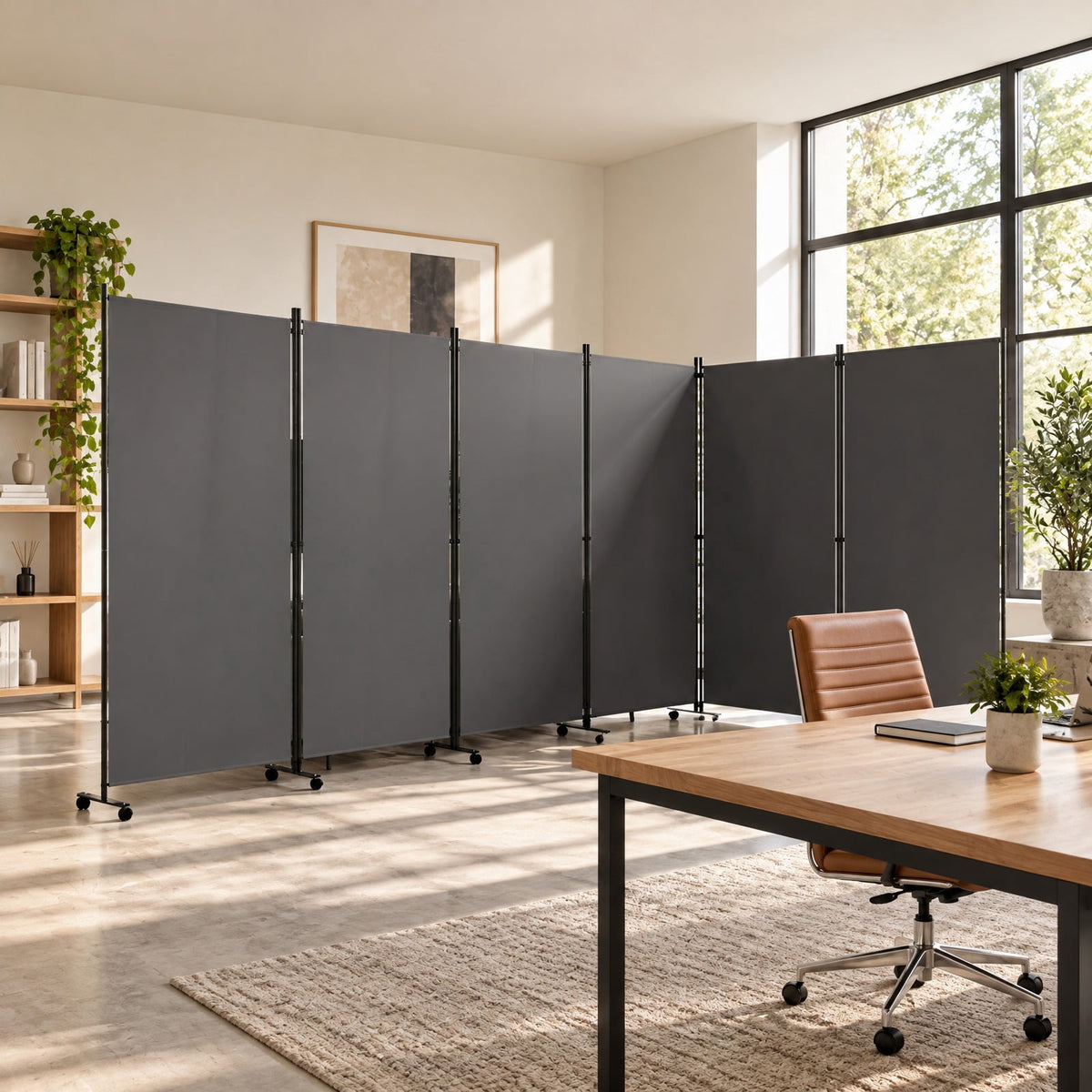 Airfind 6 Panel Folding Privacy Screen Room Divider with Wheels, Polyester Fabric Metal PP Frame, 205 x 12 x 71.5 Footprint, Gray