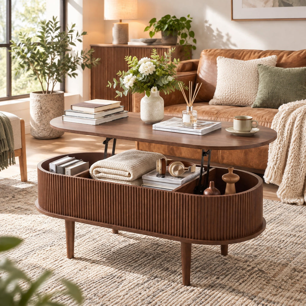 Airfind 43.5 Inch Oval Lift Top Coffee Table with Storage and Fluted Design for Living Room, 200 lbs Capacity, Engineered Wood Solid Wood Frame, Walnut