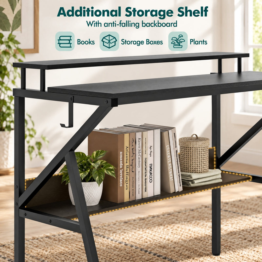 Airfind Space Saving Computer Desk with Monitor Stand and Extra Storage Shelf for Work Study, 200 lbs Capacity, Engineered Wood Metal Frame, Black