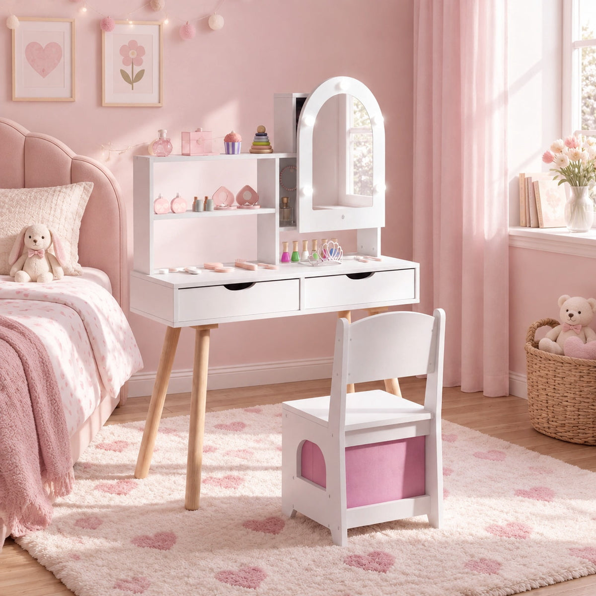 Airfind Kids Vanity Set Pretend Play Dressing Table Set with 3-Color Lighting Modes and Mirror Cabinet, 44 lbs Capacity, MDF Frame, White