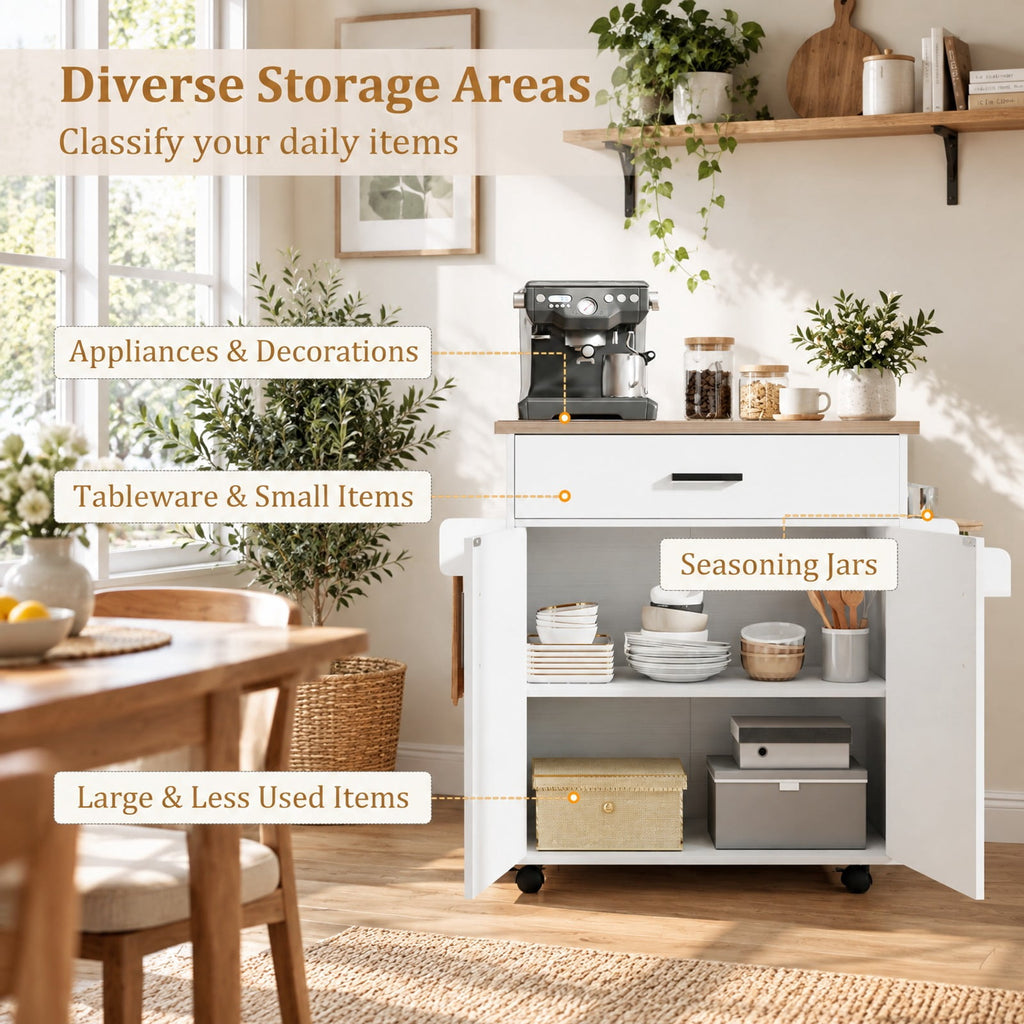 Airfind Kitchen Island Cart Rolling Kitchen Storage Island with Drawer, 220 lbs Capacity, Engineered Wood MDF Metal Frame, White