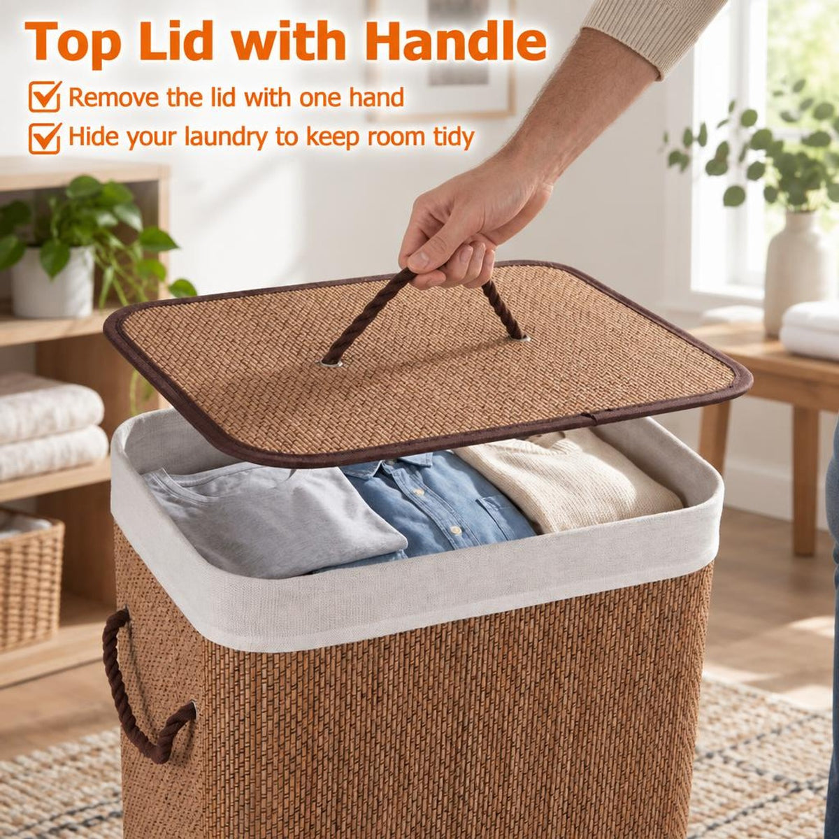 Airfind 19 Gal Capacity Bamboo Clothes Hamper with Removable Liner and Portable Handles, 22 lbs Capacity, 16.5 x 12.5 x 24 Footprint, Brown