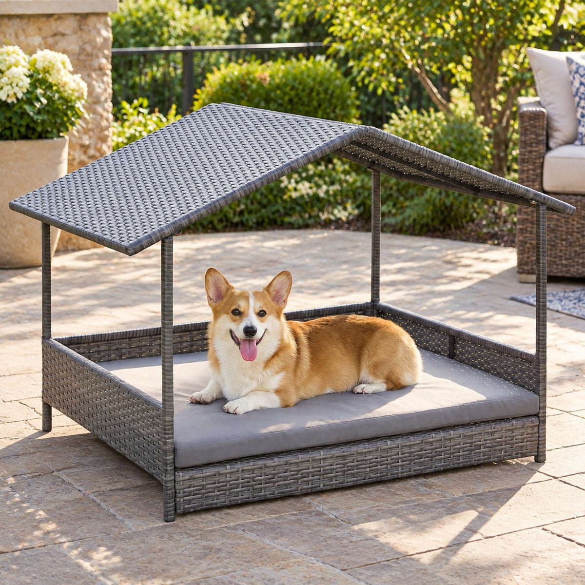 Airfind Wicker Dog House Elevated PE Rattan Dog Bed with Canopy, 165 lbs Capacity, PE Rattan Metal Polyester Fabric Sponge Frame, Gray