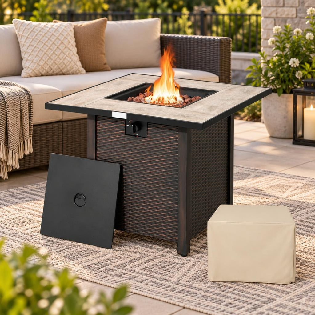 Airfind 30 Inch Square Propane Gas Fire Pit Table Ceramic Tabletop, Steel Frame, Black, Adjustable foot pads ensure extra stability