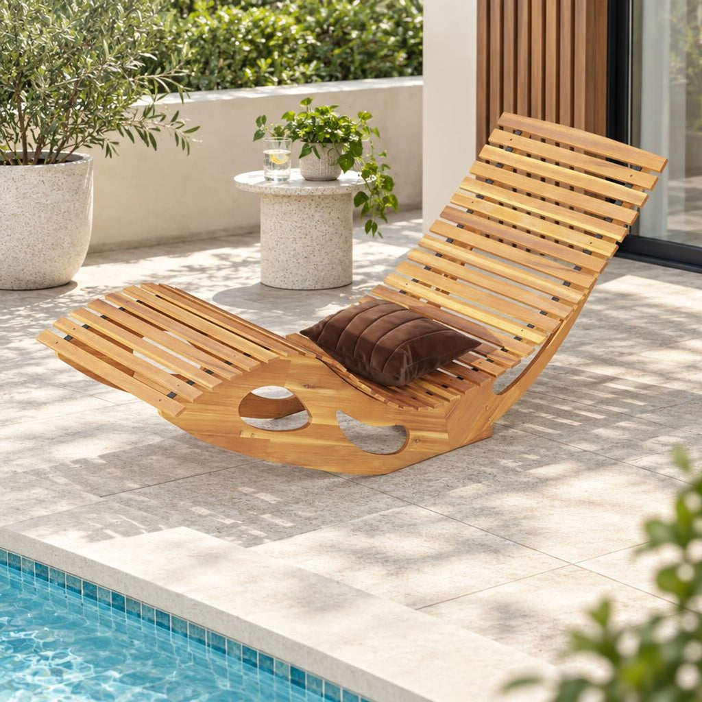 Airfind Acacia Wood Patio Rocking Sun Lounger Chaise Lounge with Ergonomic Curved Seat, 350 lbs Capacity, Acacia Wood Frame, Wood