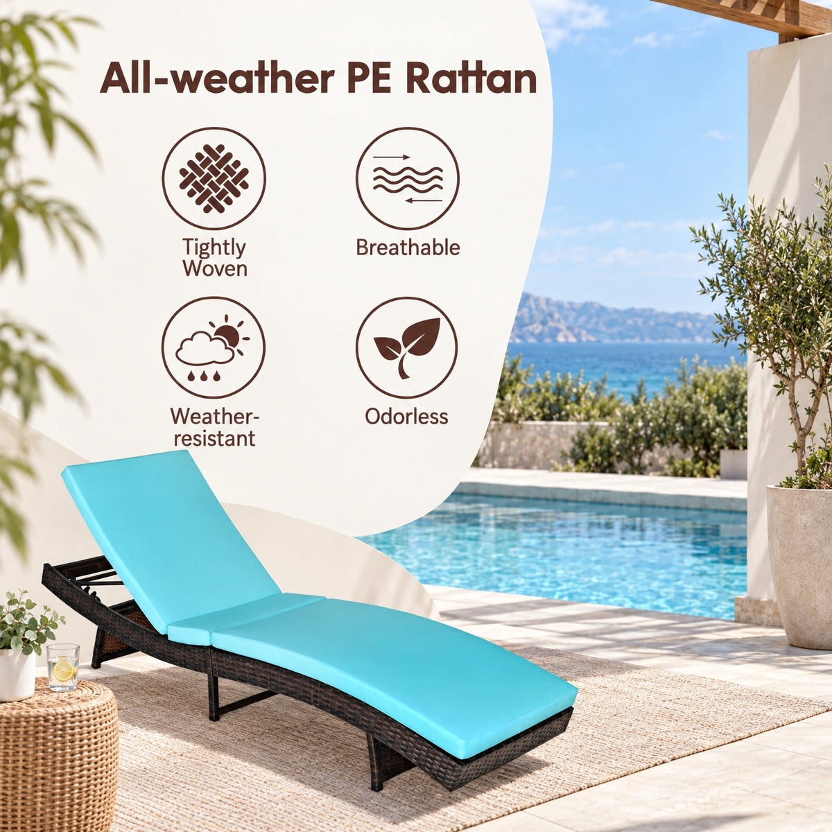 Airfind Patio Folding Adjustable Rattan Chaise Lounge Chair with Cushion, PE rattan steel non-woven fabric D Frame, 83 x 24 x 16-38 Footprint