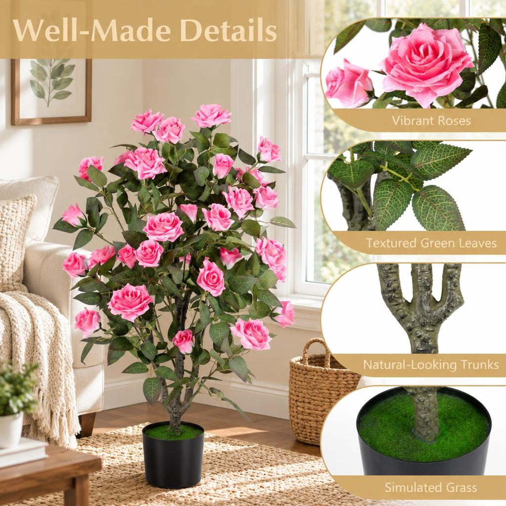 Airfind Artificial Rose Tree, 35.5 Inch, with Blooming Flowers and Leaves for Indoor, Silk Fabric Rubberized Fabric PE PP Tree Height 35.5 Inch Frame, Pink