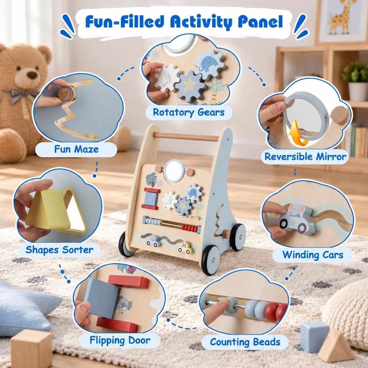 Airfind Wooden Baby Push and Pull Walker with Multi, Lotus Wood Engineered Wood Frame, for 3+ Years Old, 14in x 12in x 18in Footprint, Blue