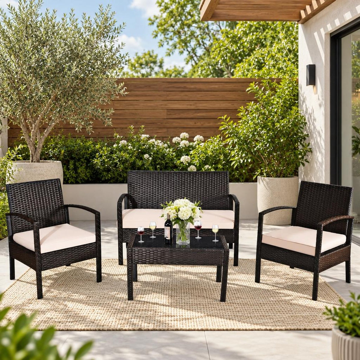 Airfind 4 Pieces Patio Rattan Conversation Set with Loveseat Sofas and Coffee Table, 710 lbs Capacity, PE Rattan Frame, Coffee