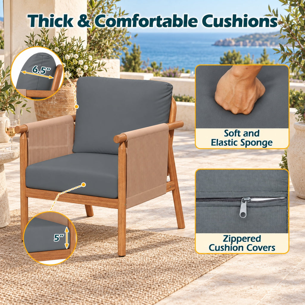 Airfind Patio Acacia Wood Chair Set of 4 with Woven Rope Armrests and Seat Back Cushions for Backyard, 400 lbs Capacity, Gray