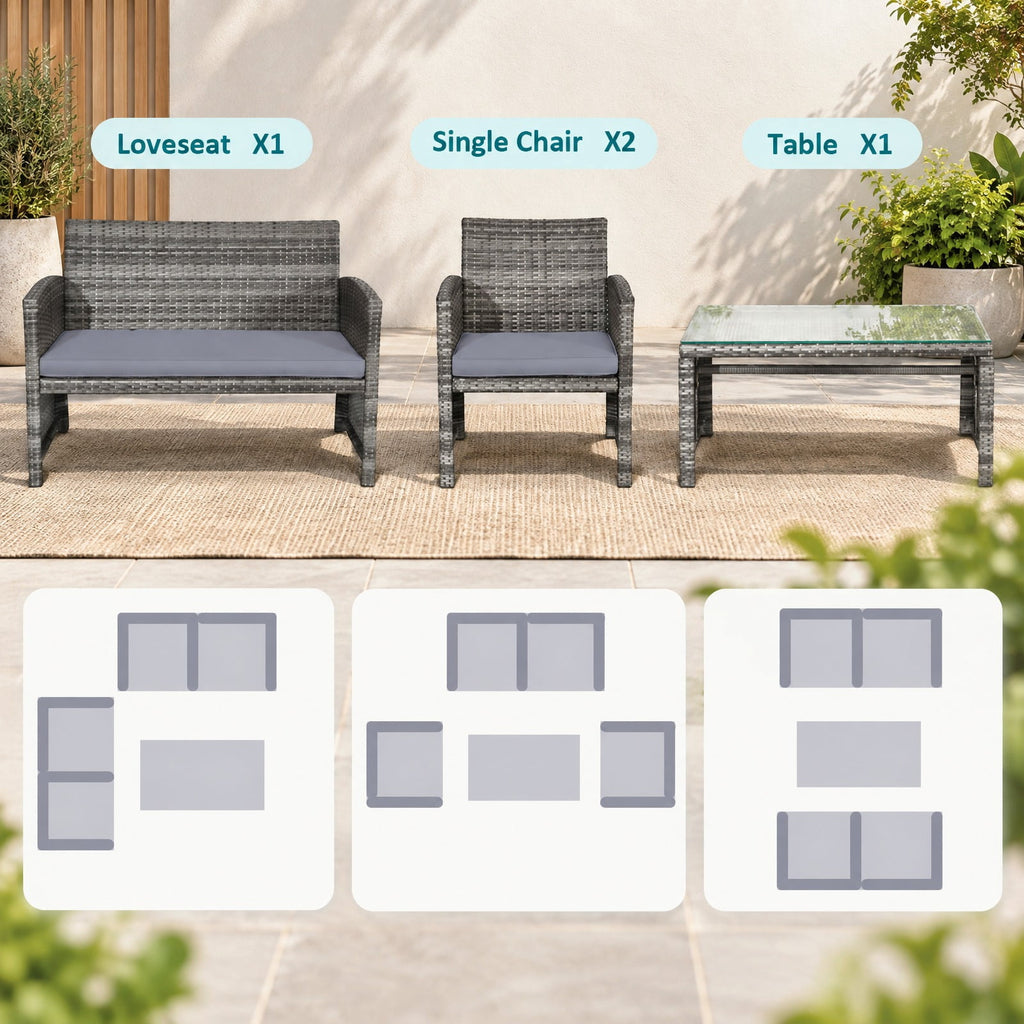 Airfind 4 Pieces Patio Rattan Furniture Set with Glass Table and Loveseat, PE Rattan Polyester Fiber Steel Sponge Single Sofa Frame, Gray