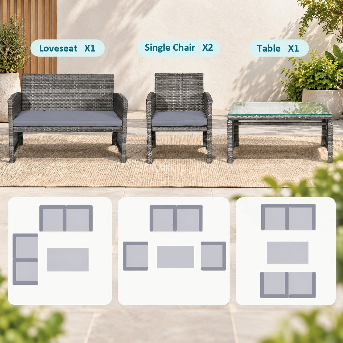 Airfind 4 Pieces Patio Rattan Furniture Set with Glass Table and Loveseat, PE Rattan Polyester Fiber Steel Sponge Single Sofa Frame, Gray