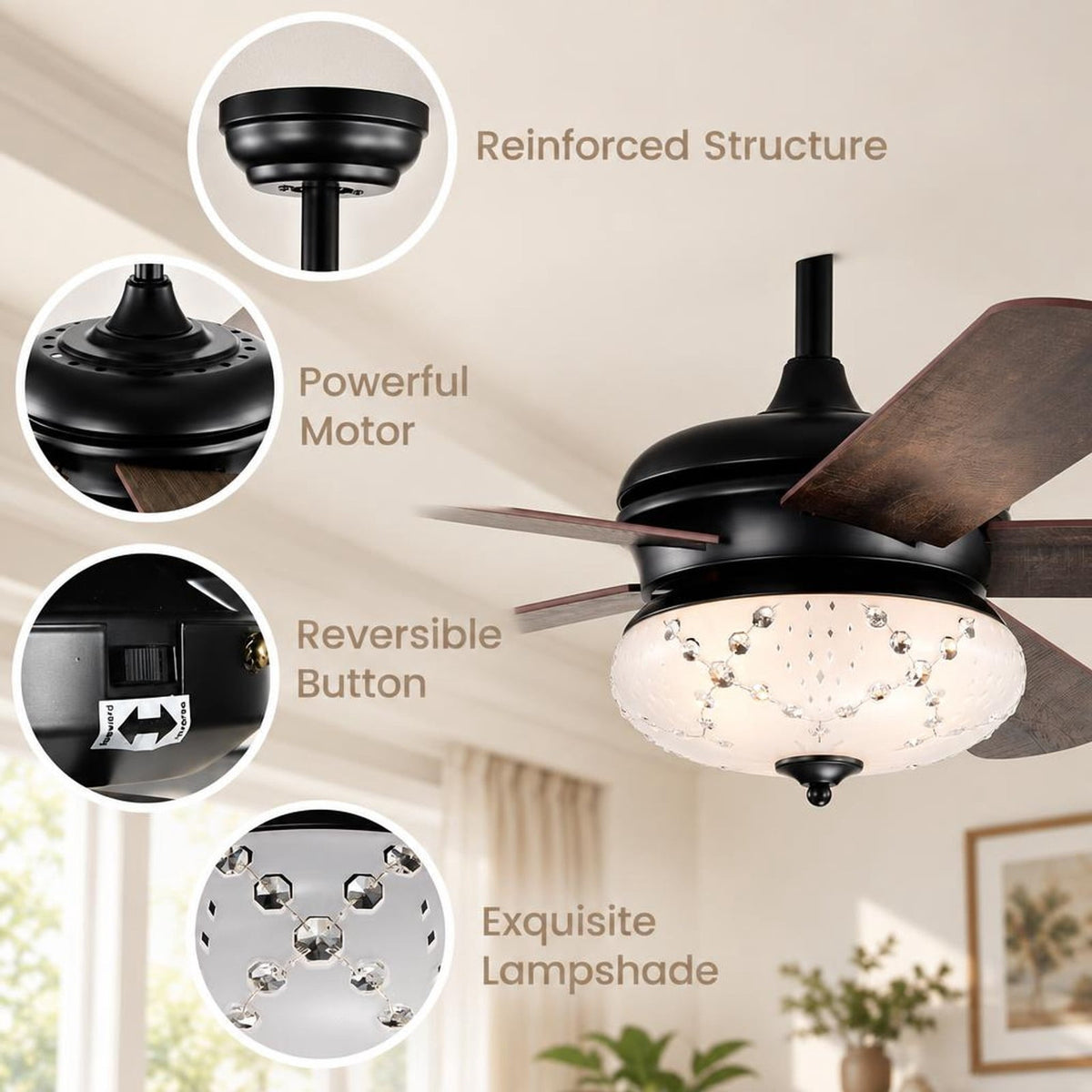 Airfind 52 Inches Ceiling Fan with Remote Control, Metal PC MDF Frame, Walnut, Make a retro addition to your home decoration