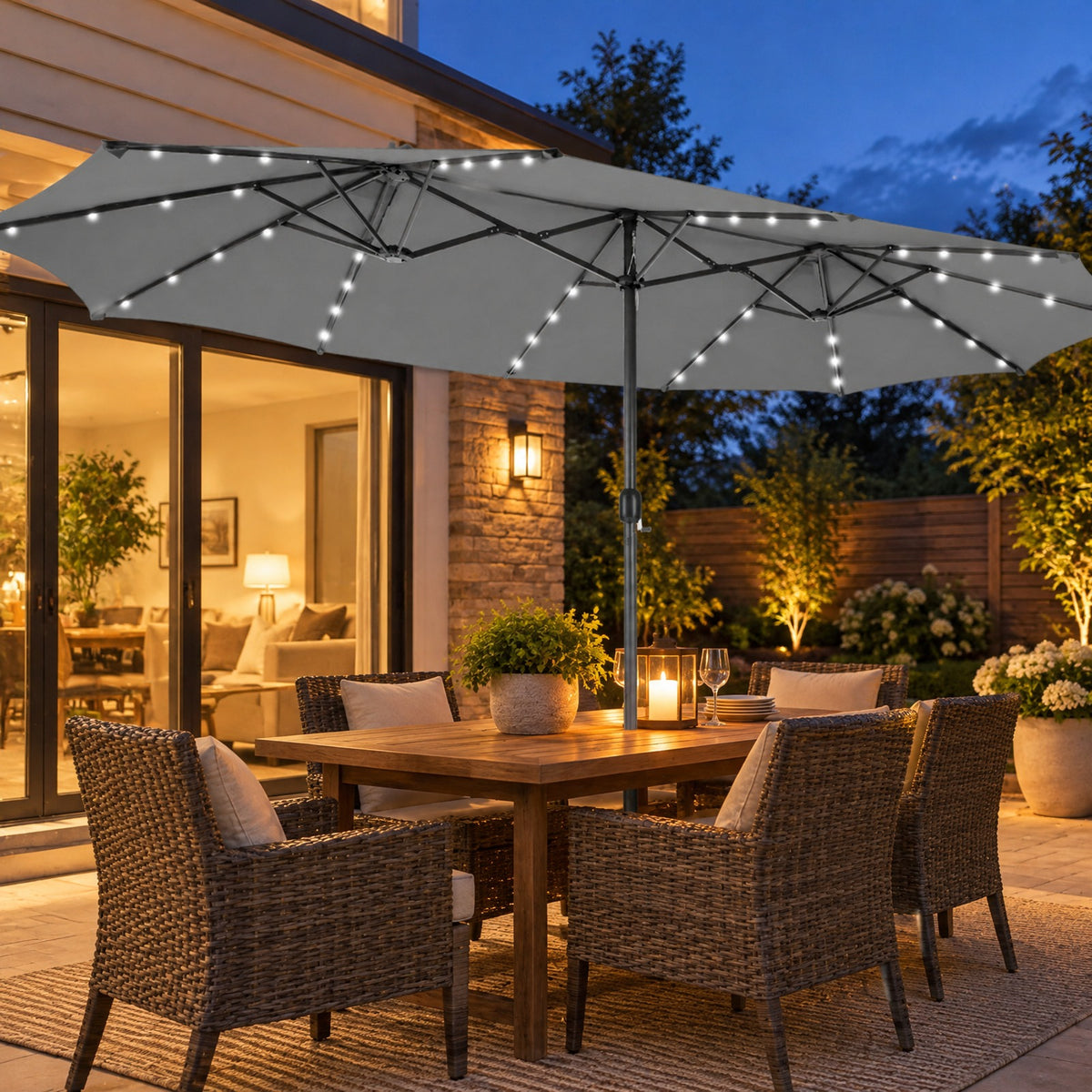 AIRFIND Patio Umbrella with 48 Solar LED Lights, 15 ft Double-Sided Canopy, Hand Crank and 12 Steel Ribs, Base Sold Separately, Gray
