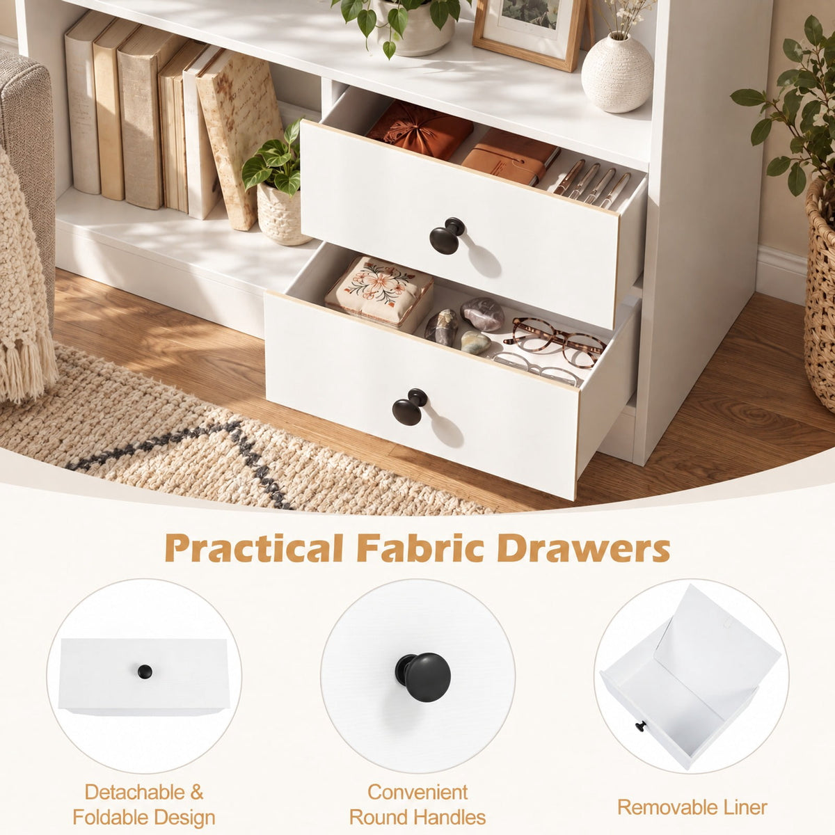 Airfind Open Storage Cabinet with 3 Open Compartments and 2 Drawer, 44 lbs Capacity, Engineered Wood Fabric Frame, 27.5 x 12 x 27.5 Footprint