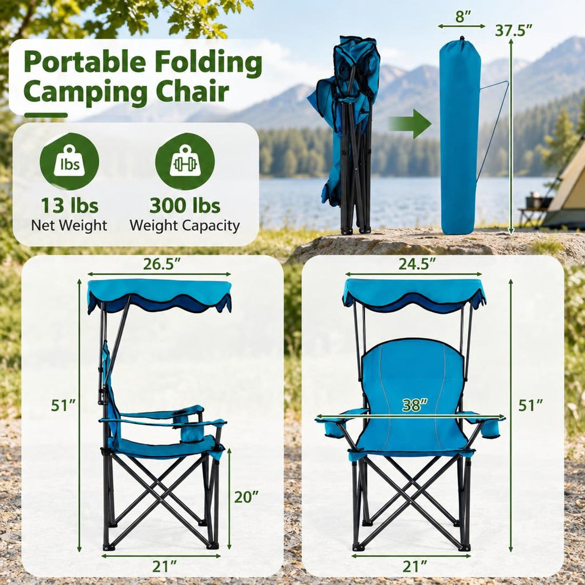 Airfind Portable Folding Beach Canopy Chair with Cup Holders, 265 lbs Capacity, Steel tubes Frame, 38 x 26.5 x 51 Footprint, Light Blue