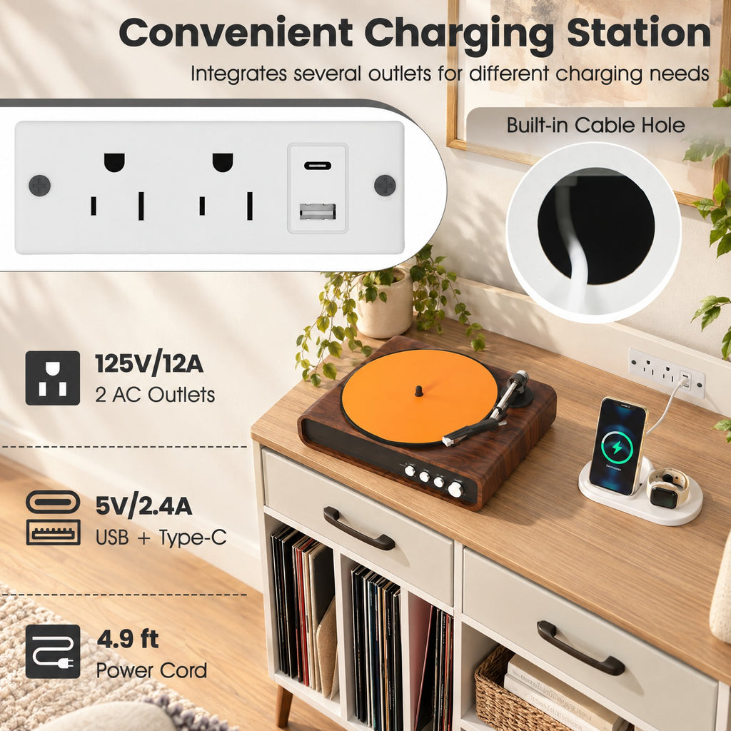 Airfind Large Record Player Stand with Charging Station Mid Century Modern Vinyl Storage Cabinet, 209 lbs Capacity, 30in x 14in x 27in Inside Footprint