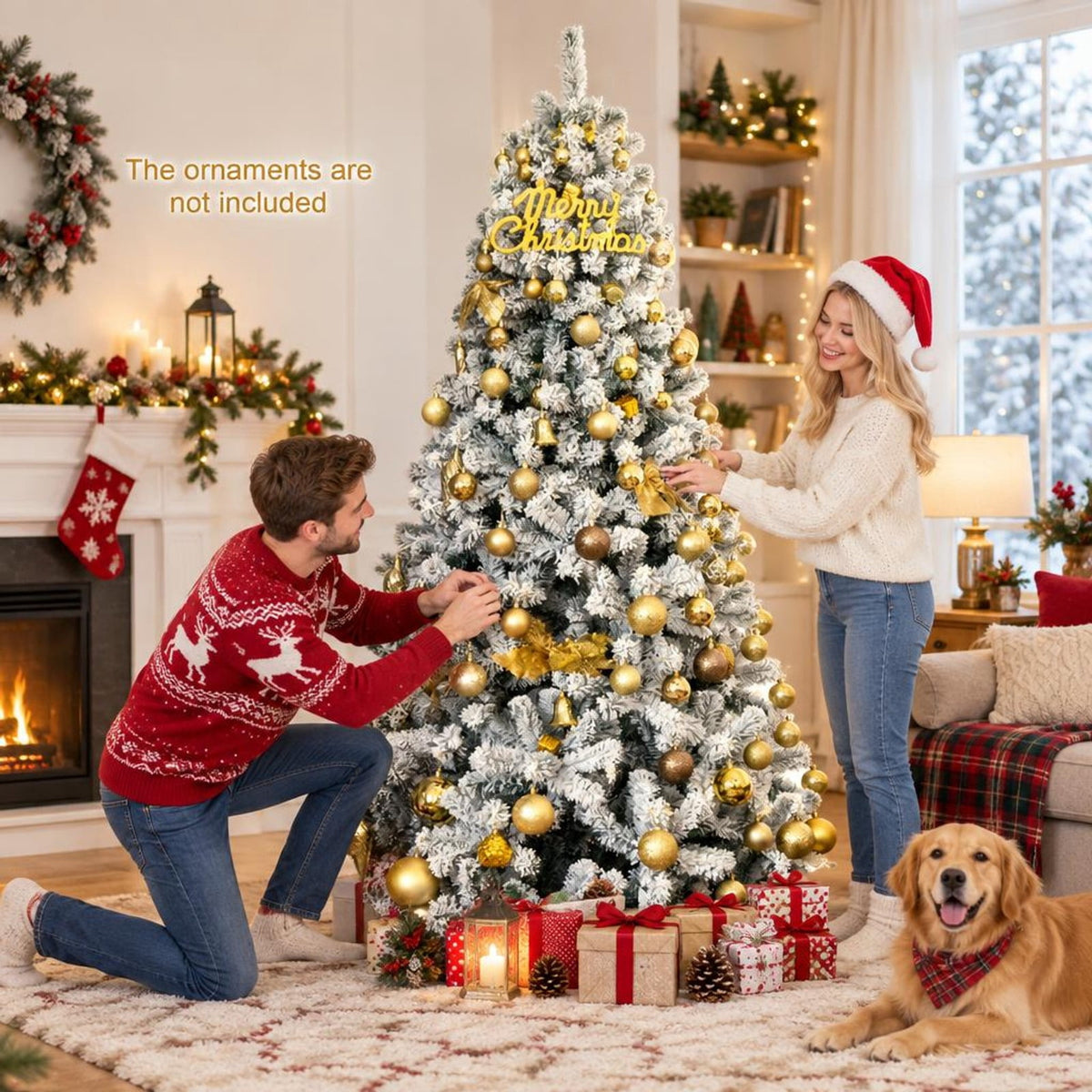 Airfind Snow-flocked Artificial Christmas Tree 7.5 Ft featuring 1010 Branch Tips, Hinged Sections and Metal Stand for Everyday Use, White