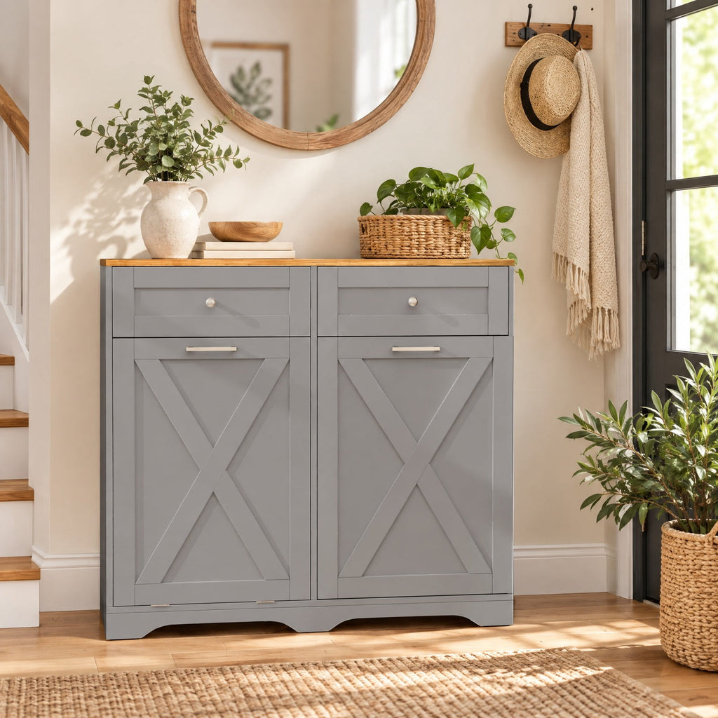 Airfind Tilt Out Trash Can Cabinet with Outlets and Adjustable Shelf, 100 Lbs Capacity, MDF Engineered Wood for Convenient Everyday Use, Gray