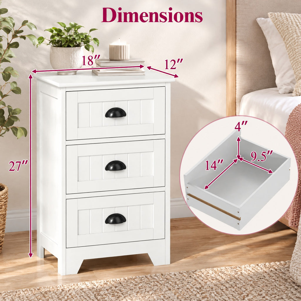 Airfind 3 Drawers End Storage Wood Side Nightstand, 88 lbs Capacity, P2 MDF Frame, 18 x 12 x 27 Footprint, White