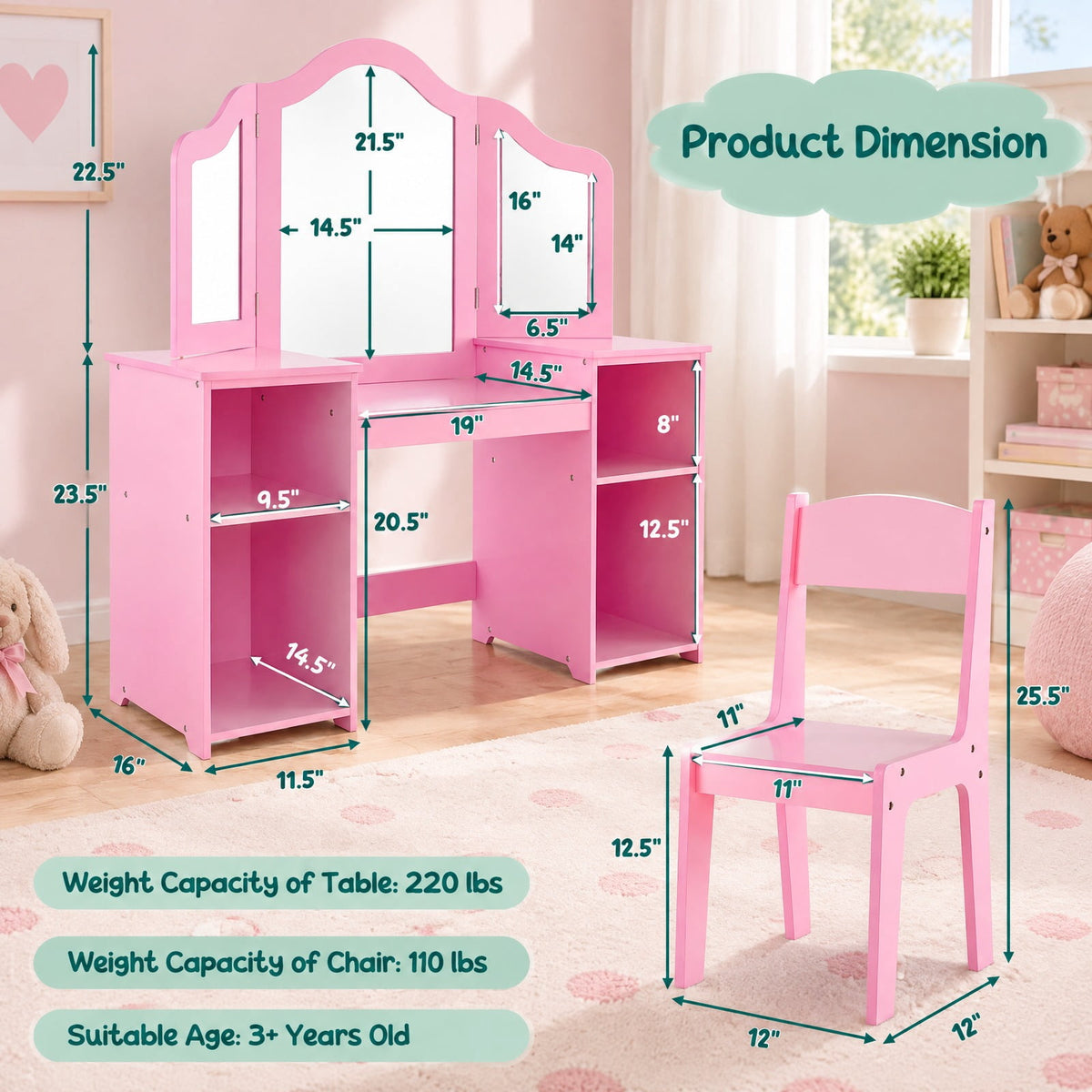 Airfind Kids Vanity Table and Chair Set with Removable Tri-Folding Mirror, 220 lbs Capacity, MDF Acrylic Frame, for 3+ Years Old, Pink
