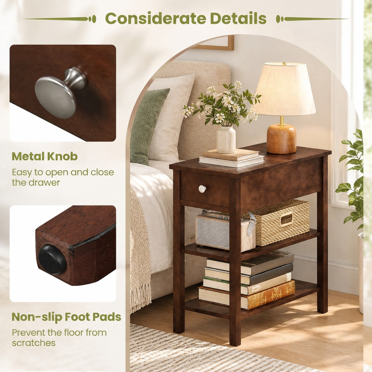 Airfind 3-Tier Narrow End Table with Drawer and Storage Shelves Set of 2, 210 lbs Capacity, MDF Rubber Wood Frame, Walnut