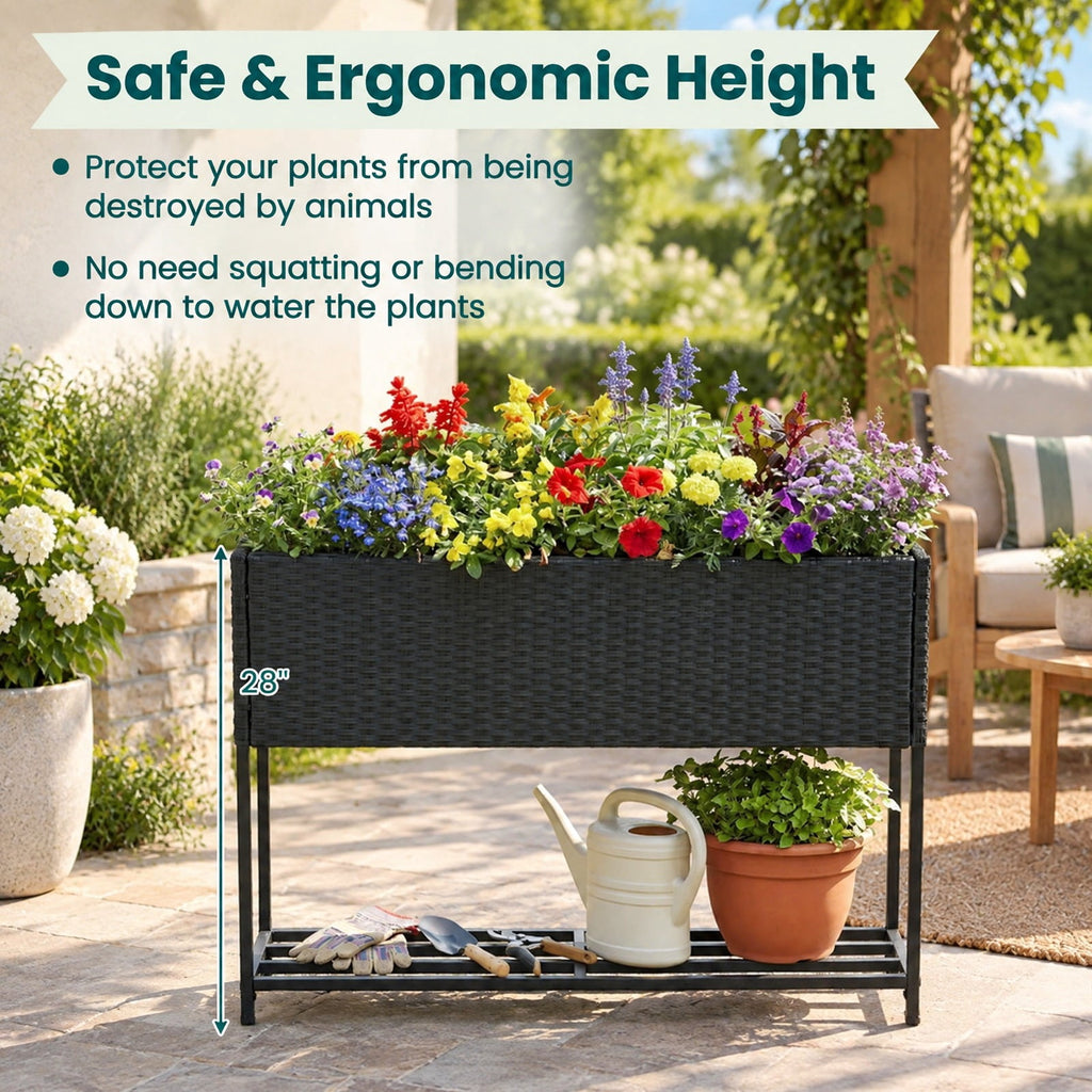 Airfind Raised Wicker Garden Bed with Storage Shelf and Removable Liner, 132 lbs Shelf Capacity, Metal Frame, 40 x 12 x 28 Planter Footprint
