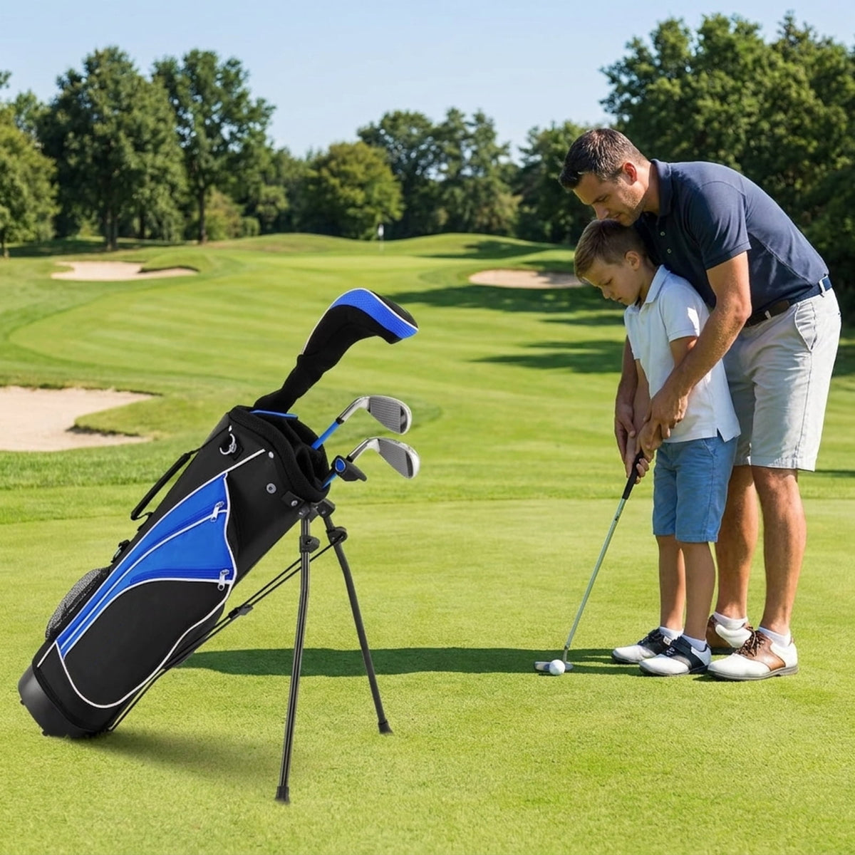 Airfind Children Golf Club Set for Ages 5 to 7 with 4 Lightweight Fiberglass Pieces and Portable Stand Bag, Blue