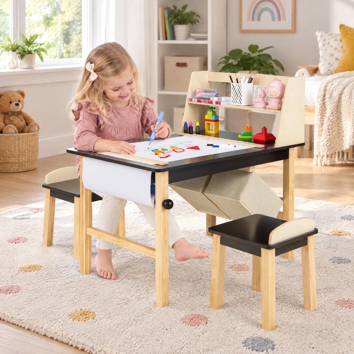 AIRFIND Kids Art Table and Two Chairs with Paper Roll, Raised Storage Shelf and Bins, Pine Wood Legs for Ages 3 and Up, Coffee and Natural