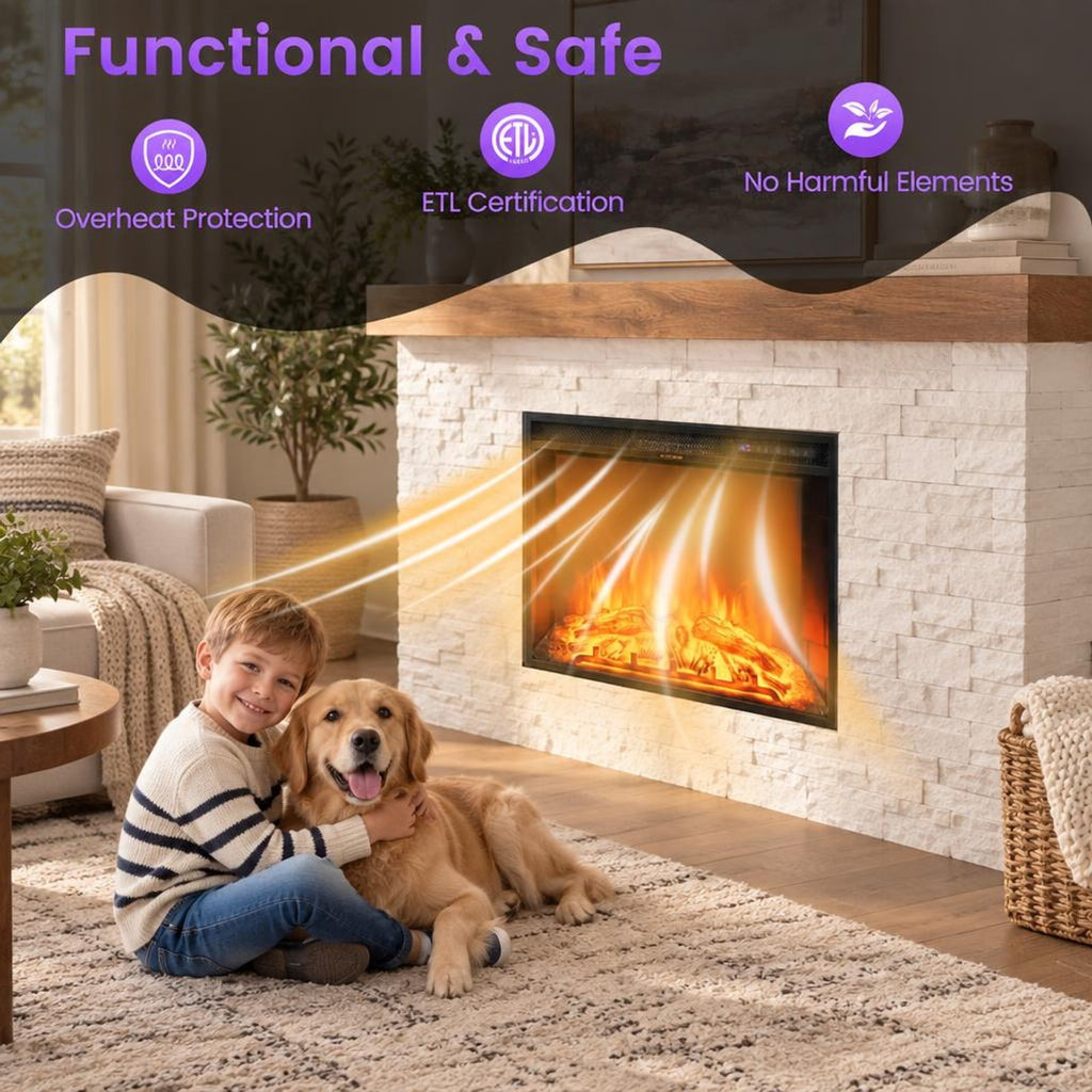 Airfind 26 Inch Recessed Electric Fireplace with Adjustable Flame Brightness, Metal Resin Tempered Glass Frame, Black
