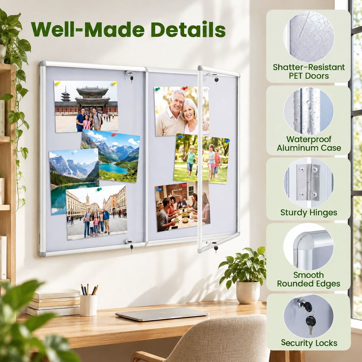 Airfind Enclosed Bulletin Board Lockable Cork Notice Board with Aluminum Frame, Felt Aluminum PET Frame, 47.5 x 35.5 Footprint, Sliver