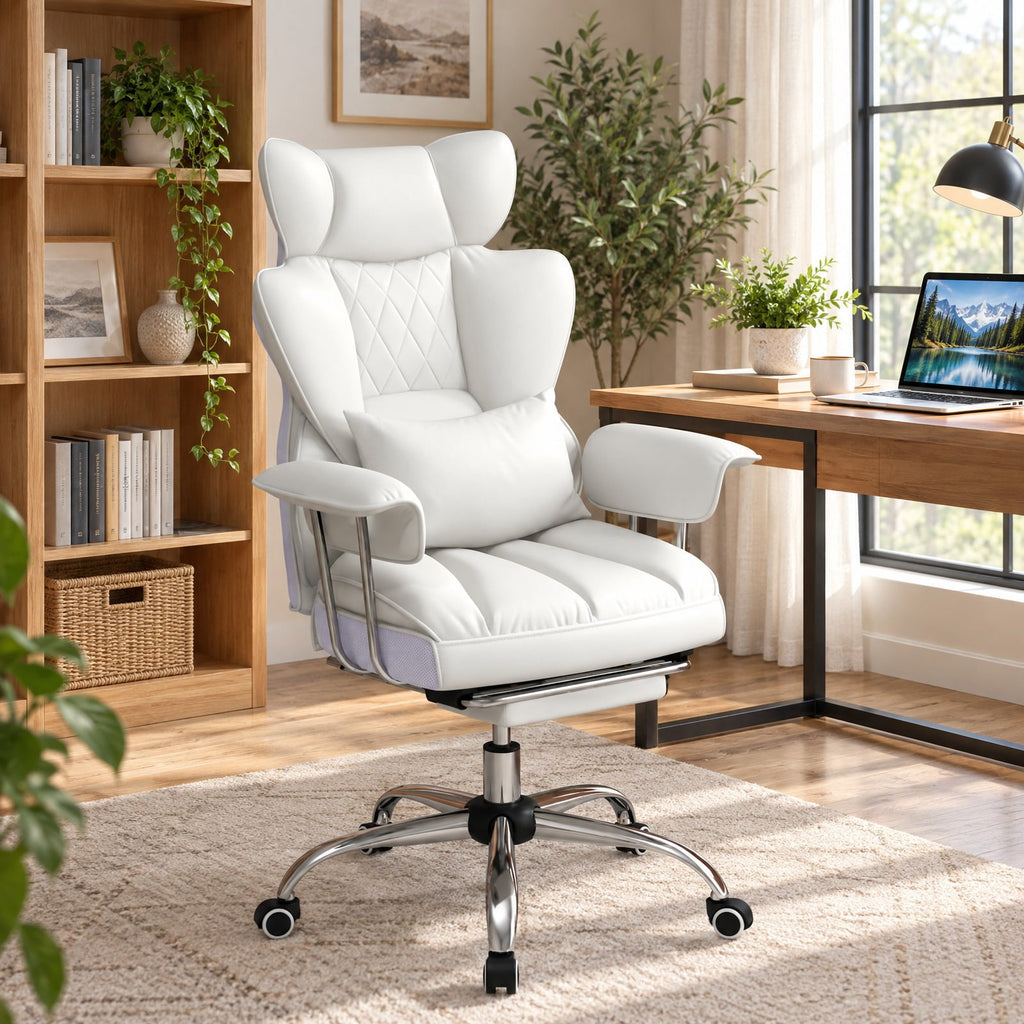 Airfind PU Leather Home Office Chair 400 lbs High Back Executive Chair, 400 lbs Capacity, PU Leather Sponge Pocket Spring Plywood Metal Frame, White