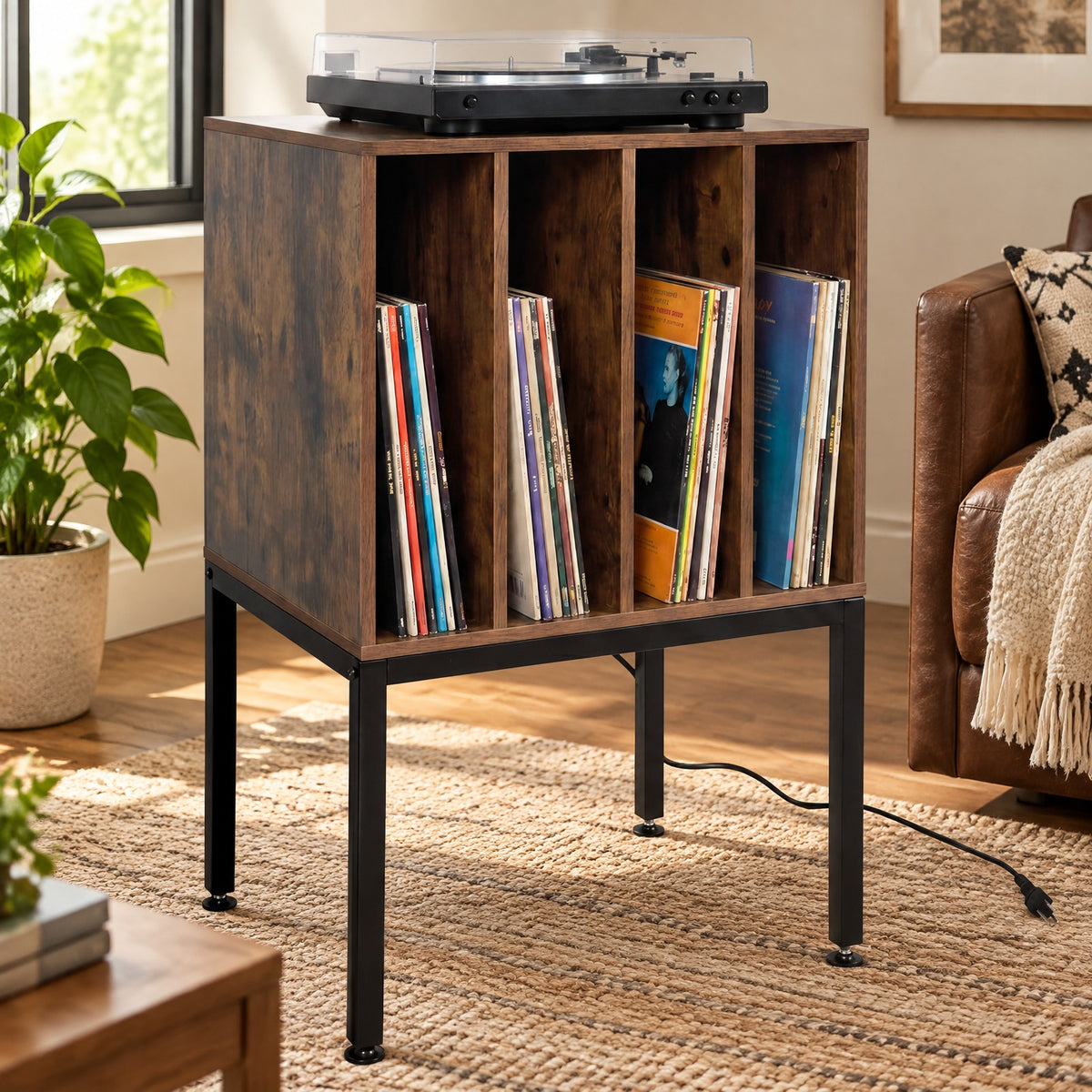 AIRFIND Record Player Stand with Power Outlets, USB and Type-C Ports, Divided Vinyl Storage and Metal Legs, 20 inch Turntable Table, Rustic Brown
